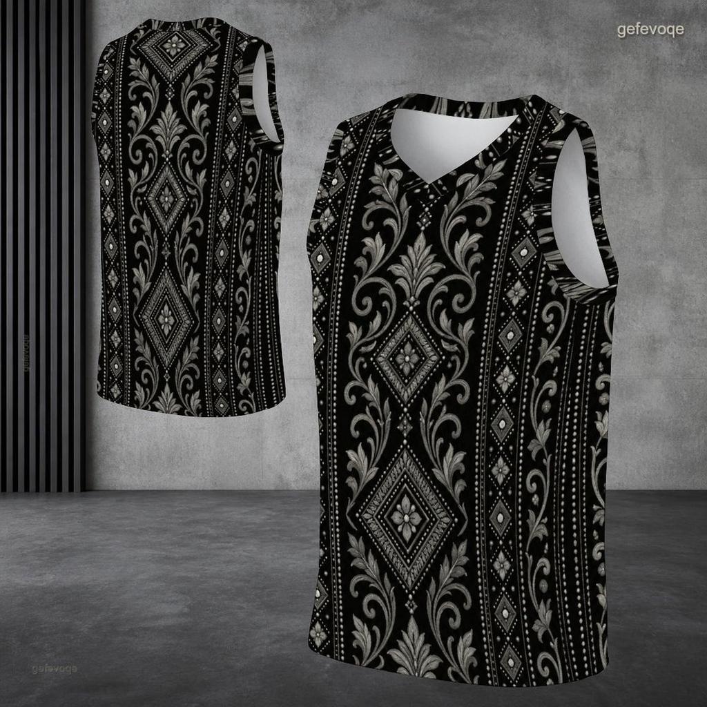 Men s Plus Size V Neck Sleeveless Tank Top Ethnic Geometric Printed Off White