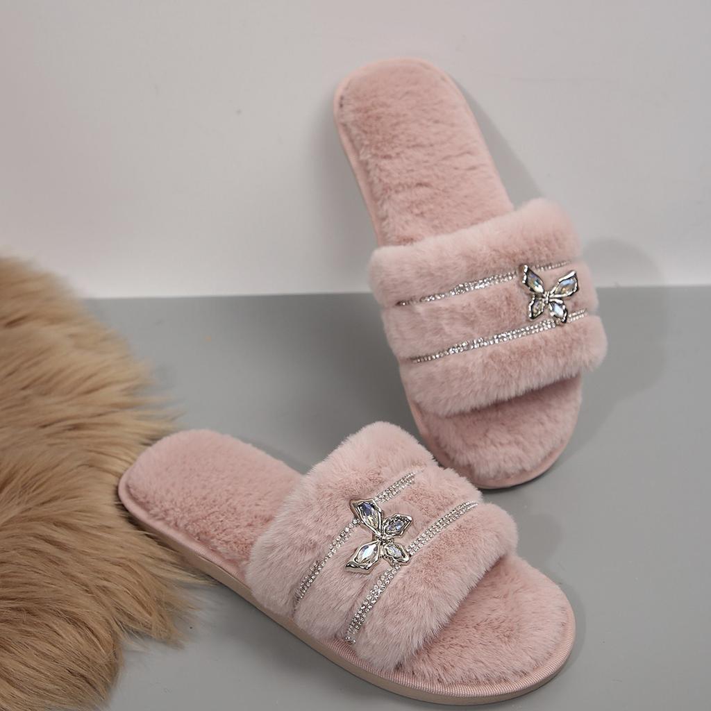 Warm Furry Slippers Women Thick Fluffy Fur Slippers Butterfly Crystal Rivet House Flip Flops Home Slides Flat Indoor Floor Shoes