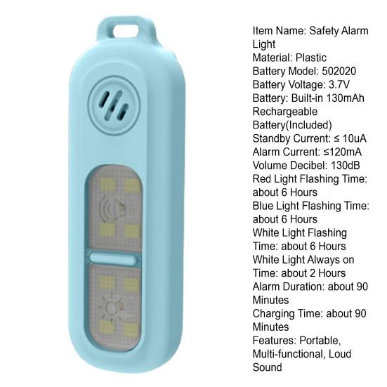 Outdoor Night Running Tri-Color Light Women Personal Safety Alarm Light USB Rechargeable 130dB Emergency Alarm Keychain LED Flashlight