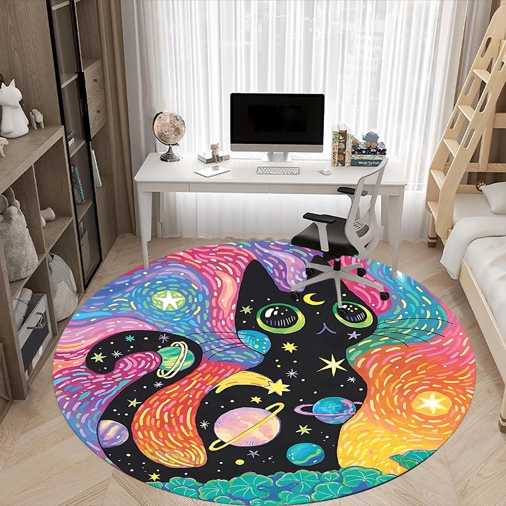 1PC Galaxy Cat Office Round Area Rug,  Mat Suitable ForOffice, Under Office Chairs Bedroom Living Room Home Decor, Room Deco