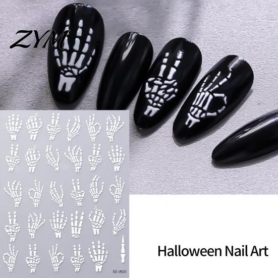 Retro Black Nail Stickers Halloween Art Stickers, 3D Embossed Skeleton Hand Pumpkin Bat Professional Salon Accessories Decals, Self-Adhesive Manicure