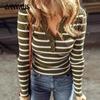 Женский новый осенний модный повседневный топ с длинным рукавом и V-образным вырезом в полоску