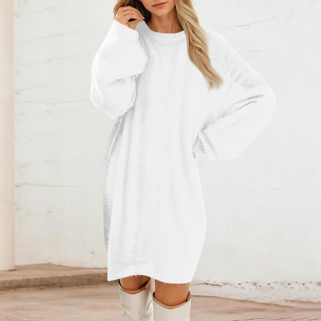 Women's Round Neck Casual Long Sleeve Plush Solid Color Dresses