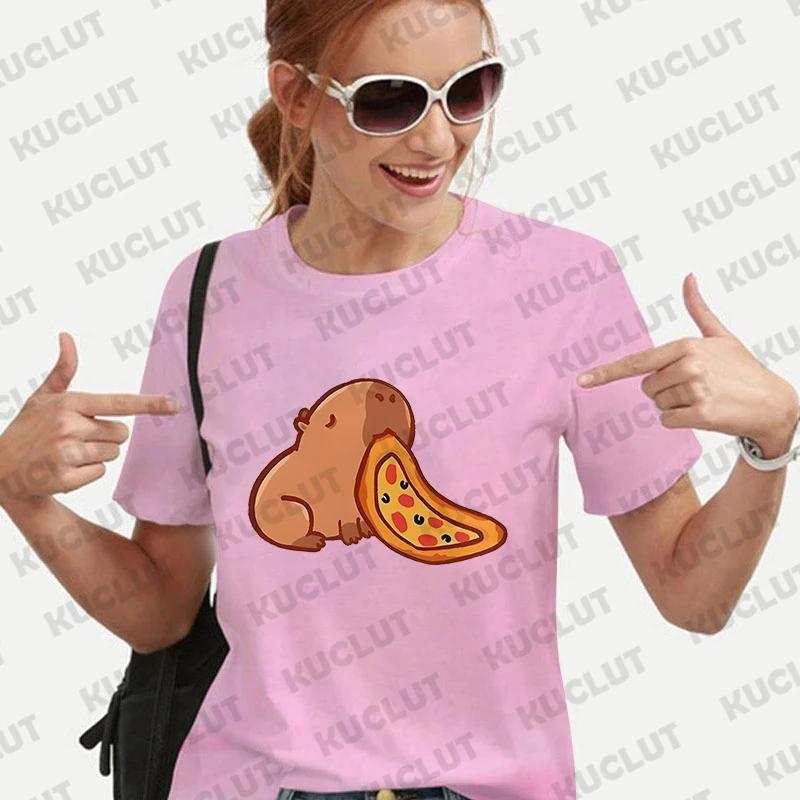 Cute Capybara Anime Women's T-shirt Casual Ulzzang Short Sleeve Tees Cartoon Graphic Y2K Tops Female Blouse Aesthetic Clothing