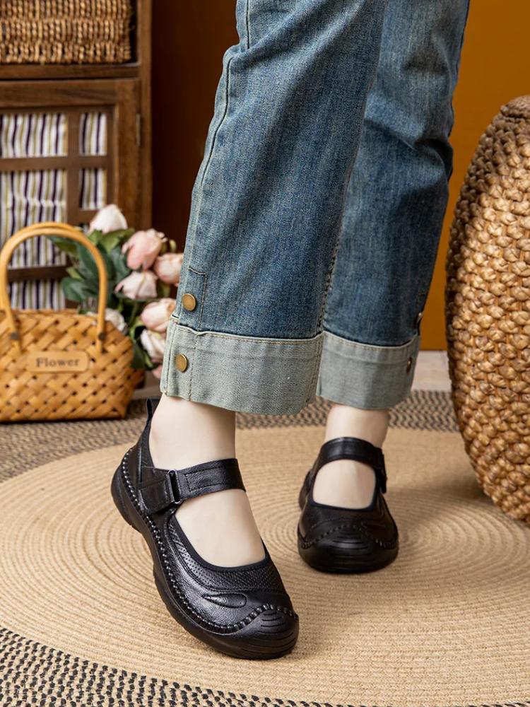 Johnature Genuine Leather Soft Soled Flat Shoes Retro Round Toe Shallow Versatile Comfortable Women's Shoes