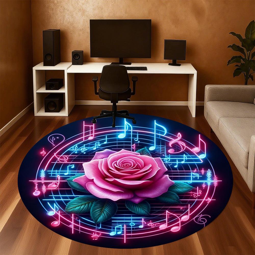 1pc Rose Music Round Chair mat office Area Rug - Non-Slip, Floor Mat for Office, Bedroom, Ideal home decor gift p0105068