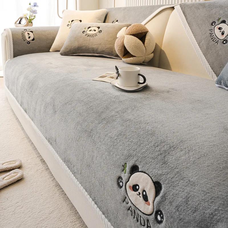 Autumn Winter Universal Sofa Cushion Solid Color Non-slip Couch Cover Living Room Panda Embroidery Sofa Cushion Backrest Towel