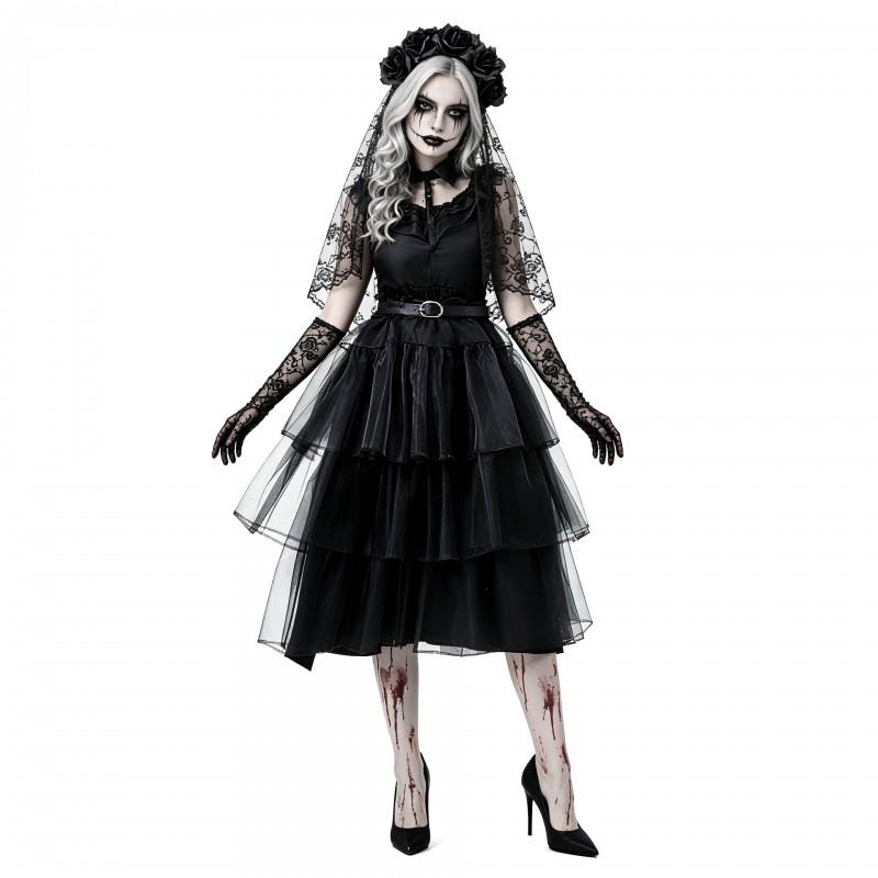 Dark Gothic Ghost Bride Cosplay Dress Black Tulle Cake Skirt Halloween Zombie Party Costume