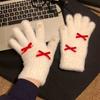 Cute White Knitted Plush Gloves for Women In Winter Thickened and Fleece Warm Cold Proof and Windproof for Cycling