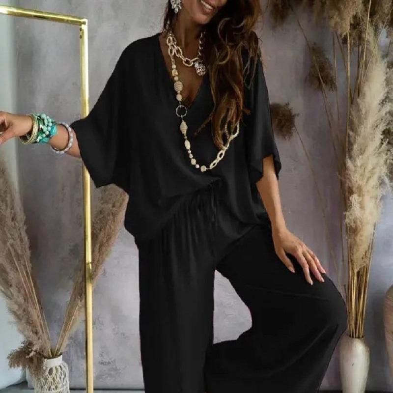 Летний повседневный свободный комплект из двух предметов для женщин с V-образным вырезом и рукавом «летучая мышь», повседневные комплекты из брюк для женщин, элегантные комплекты из двух предметов с рукавом «летучая мышь» для дома