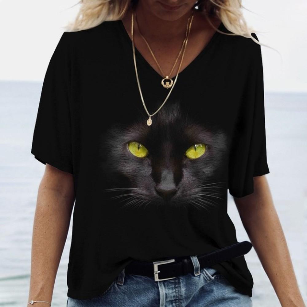 Летний топ с V-образным вырезом и принтом 3D Cat, модные повседневные женские футболки с короткими рукавами