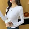 Белая футболка с длинными рукавами для женщин, весна и осень, женская, новая модная студенческая футболка из чистого хлопка, однотонная, с загнутыми краями, верхняя часть