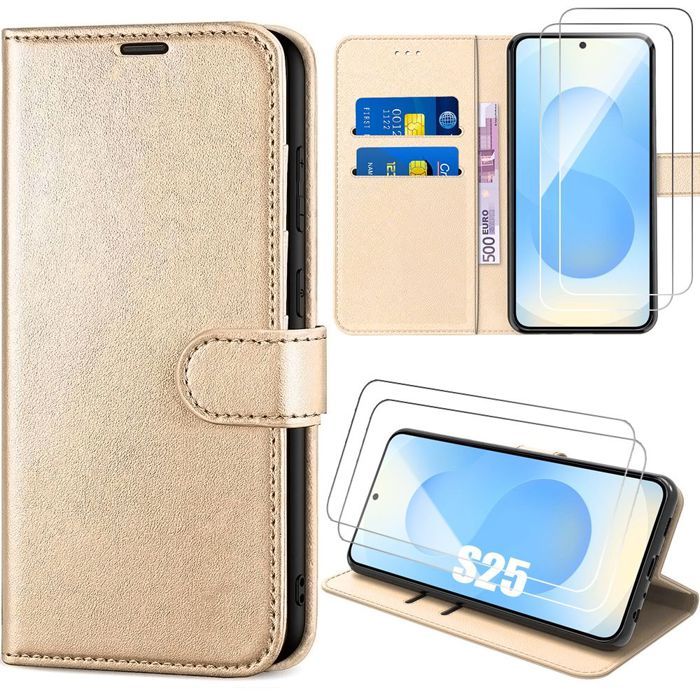 Coque de protection - BOOLING - pour Samsung Galaxy S25 - Cuir PU Doré - Antichoc - 2 Verres Trempés