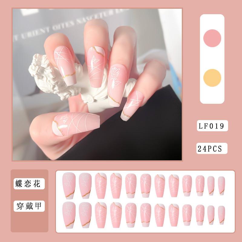 24PCS/SET Quick Nails Flower Diamond Manicure Long Ballet False Nails Waterproof Wearable Ready-made Nail Stickers