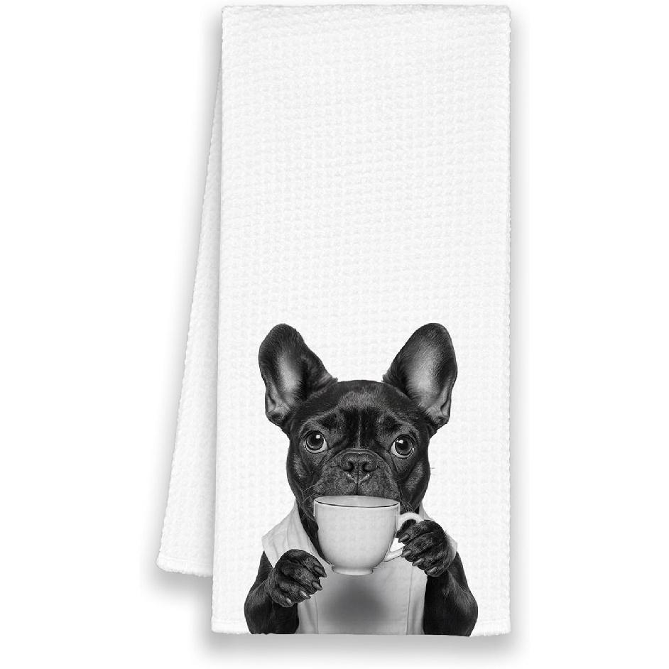 Dog French Bulldog Kitchen Towels, Funny Cute Hand Bathroom Towels Gifts for Dog Lovers Chef, Black and White Retro Tea Dish Towel Decor for Coffee