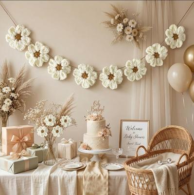Handmade Crochet Daisy Flower Garland,Neutral Boho Wall Hanging Decor,Nursery, Living Room, Wedding and Rustic Home Decoration