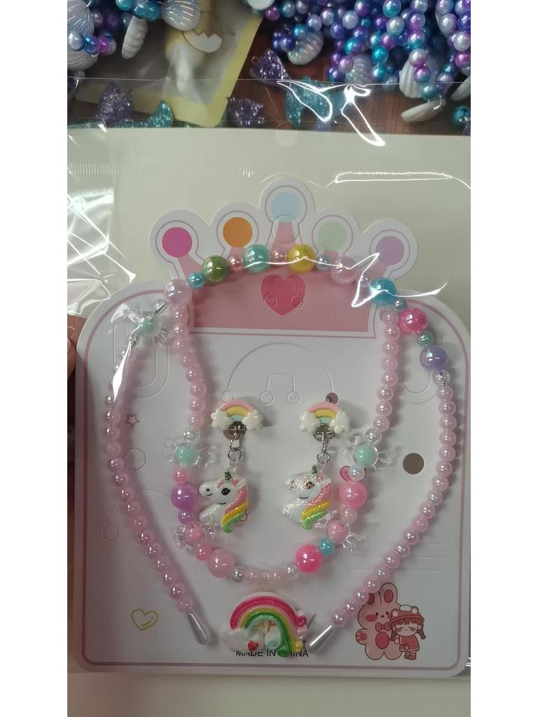 Красочное жемчужное ожерелье и набор украшений: Бисерный браслет, мультяшный ободок, серьги - аксессуары принцессы для девочек