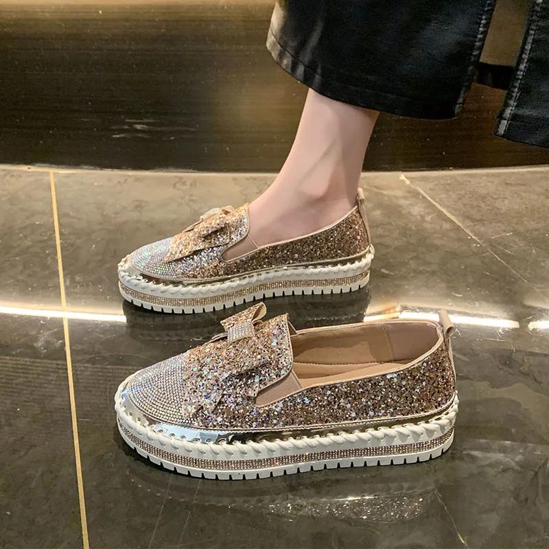 Весенние и осенние женские туфли Le Fu на плоской подошве с круглым носком и низким каблуком, со стразами и пайетками, новинка 2024 года, высококачественная модная женская обувь