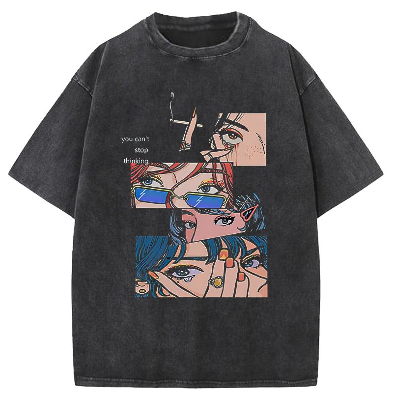 Black T-shirt for Men Harajuku Casual Loose T Shirt Streetwear Japanese Anime Cartoon Print Retro Y2k Clothes Tops