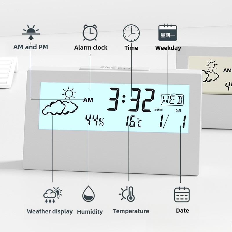 Transparent Alarm Clock with Adjustable Night Light - LCD Weather Display and Smart Calendar Feature with Sunrise Theme Design