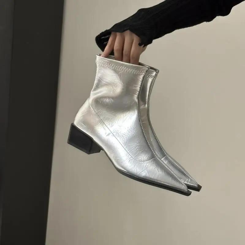 Модные Сексуальные Челси Ботильоны с Острым Носком Женские 2025 Осень Мода Серебристые Квадратный Средний Каблук Ботильоны Мягкие Эластичные Пу Ботильоны
