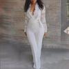 New European & American Sexy Deep V Neck White Lace Jumpsuit with Belt