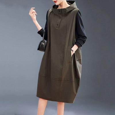 Модное повседневное платье для женщин: Осеннее корейское платье с капюшоном и цветными блоками в стиле пэчворк, длинное