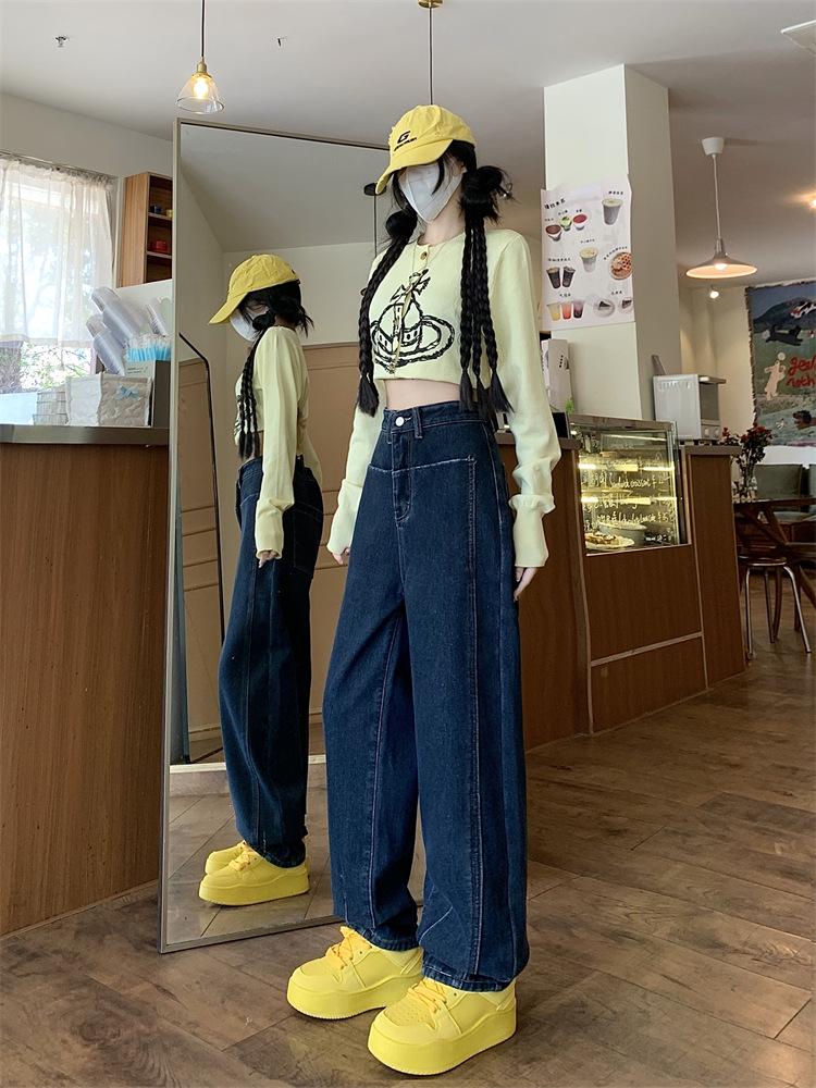 Женские джинсы с широкими штанинами на флисовой подкладке: Уютный осенне-зимний стиль, дизайн «ятаган», большой размер, идеально для фигуры «груша», длина до пола.