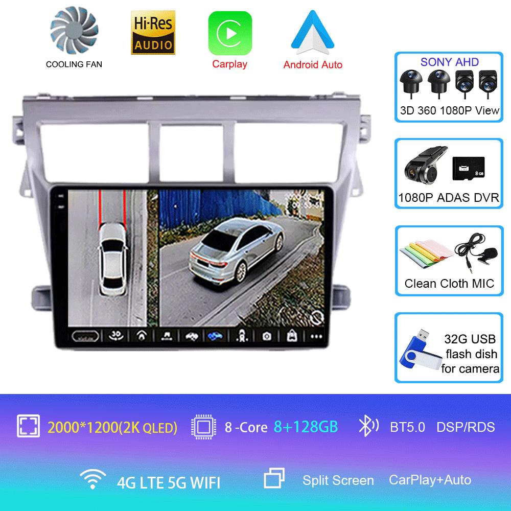 Для Toyota Vios Yaris 2007 2008 - 2012 9-дюймовый автомобильный стерео радио мультимедийный видеоплеер Android 14 Auto Carplay GPS навигация