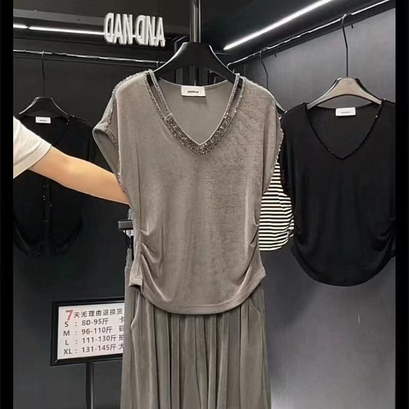 Summer foreign style pleated sexy V-neck slim and thin T-shirt versatile niche unique chic pure desire style Spice Girl top