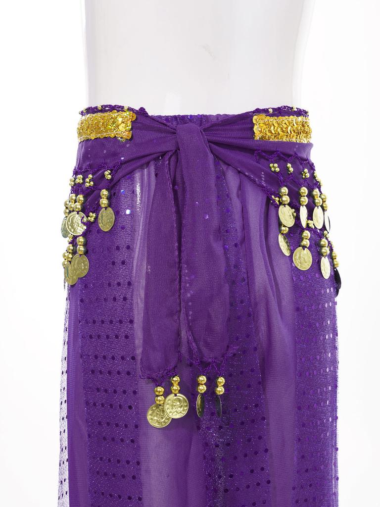 Girls Elegant Belly Dance Pants Sequin Embellished Chiffon Fabric Elastic Waist Beaded Tassels Performance Wear