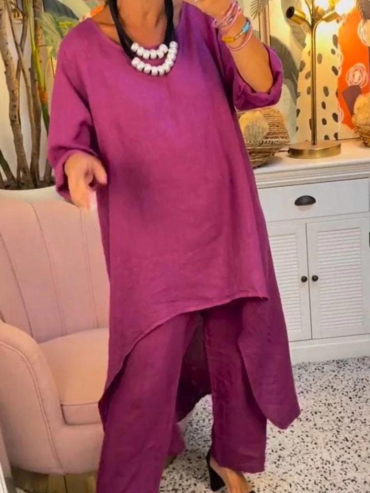 Женский комплект из свободной блузки с асимметричным подолом и брюк широкого кроя в нескольких цветах