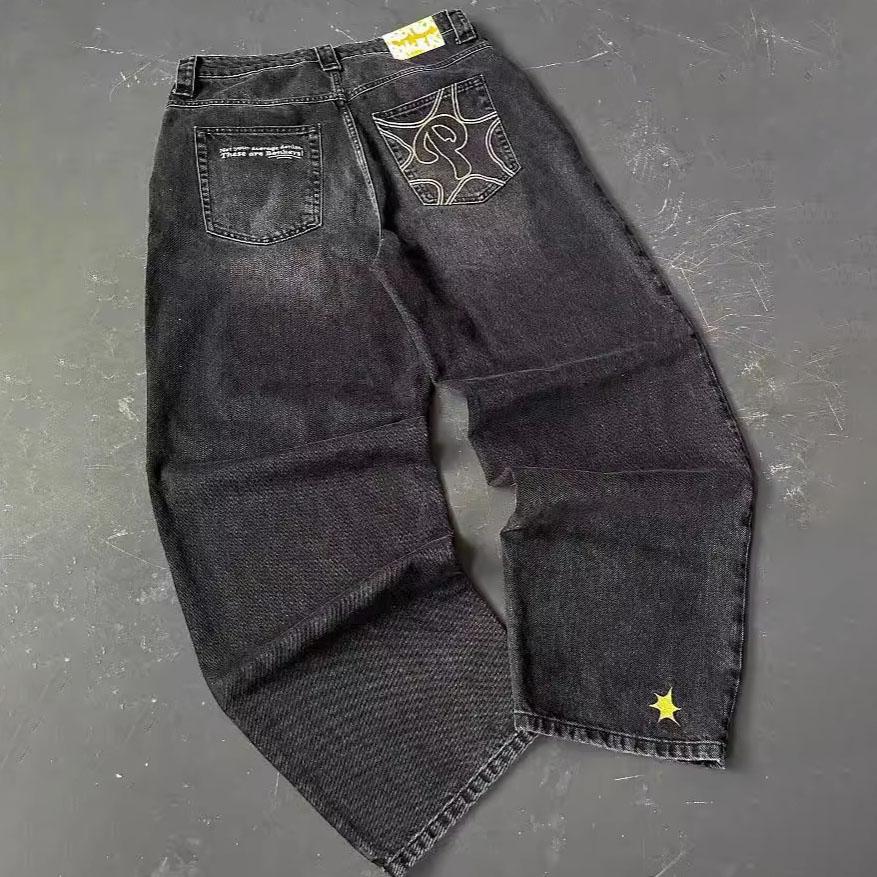 Vintage Blue Baggy Jeans High Waist Streetwear Jeans Y2K Mens Pants Harajuku Hip Hop Letter Embroidery Wide Leg Trouser Plus Size