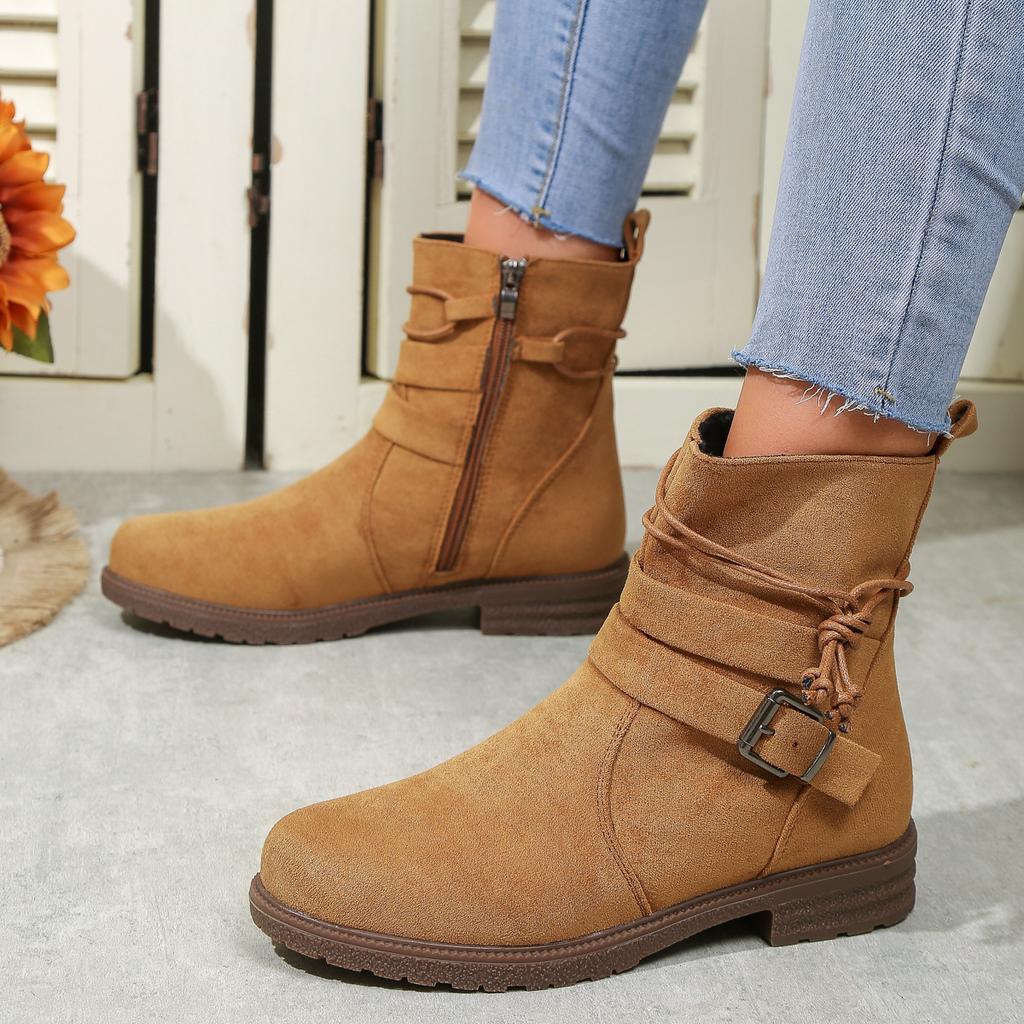 Womens Classy Elegant Ankle Boots Adjustable Buckled Bands Side Zip Heels Booties Autumn Vintage Boots for Women
