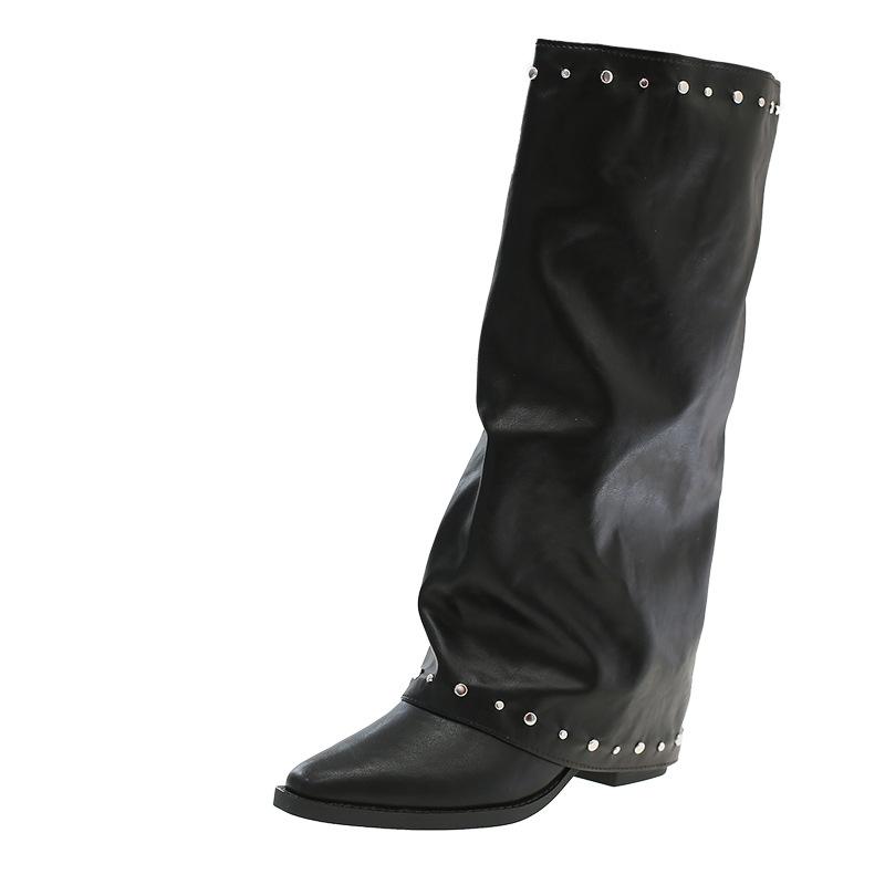 Maillard trouser boots spring and autumn new pointed high tube thick heel belt buckle heightening stack boots knight boots long boots