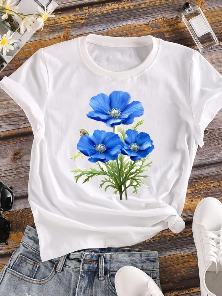 (Asian Size) Clothing Lovely Flower Trend Cute Fashion Print Women Casual Top Lady Female Short Sleeve T Shirt Tee Graphic T-shirts