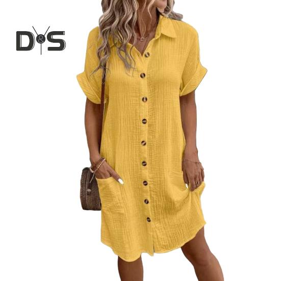 Women's Cotton Linen Dress Casual Button Down V-neck Dress with Pockets Summer Short Sleeve Beach Sundress