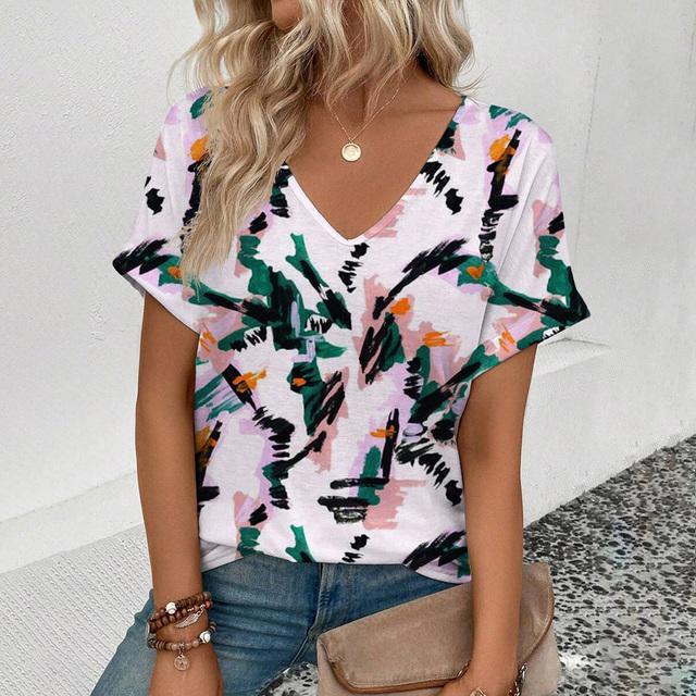 Футболка с V-образным вырезом для лета Женская футболка с ретро-цветочным принтом Модная футболка с принтом Элегантная футболка с короткими рукавами