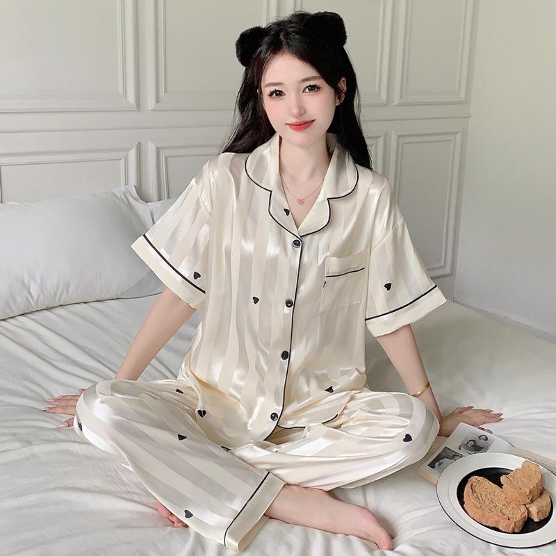 Nordic Style High-End Love Striped Printed Pajamas Simple High-End Short-Sleeved Loungewear Can Be Worn Outside