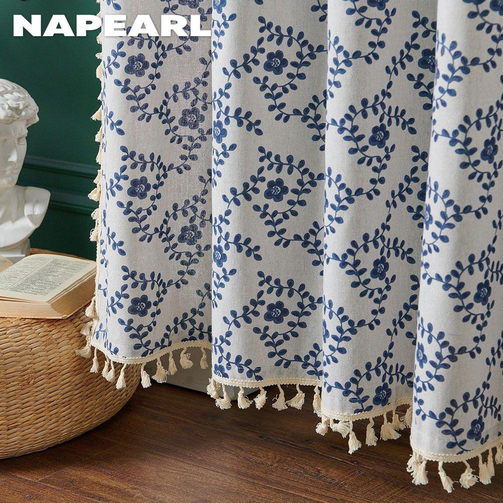1PC NAPEARL Chinese Style White Tassel Plum Blossom Printed Semi Blackout Curtains and Partition Curtains for Small Windows Balcony Home Decor
