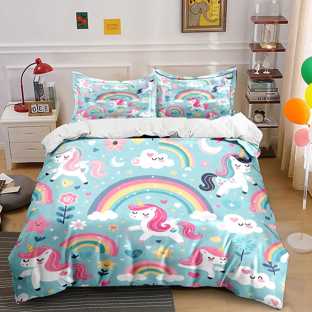 Unicorn Rainbow Cloud Print Bedding Duvet Cover Set (1*Duvet Cover 2*Pillowcases, without duvet insert)