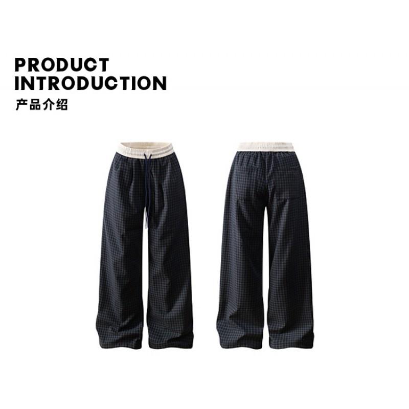 Unisex Navy Blue Plaid Cotton Loose Straight Leg Pants Lightweight Casual Trousers Teens Adults