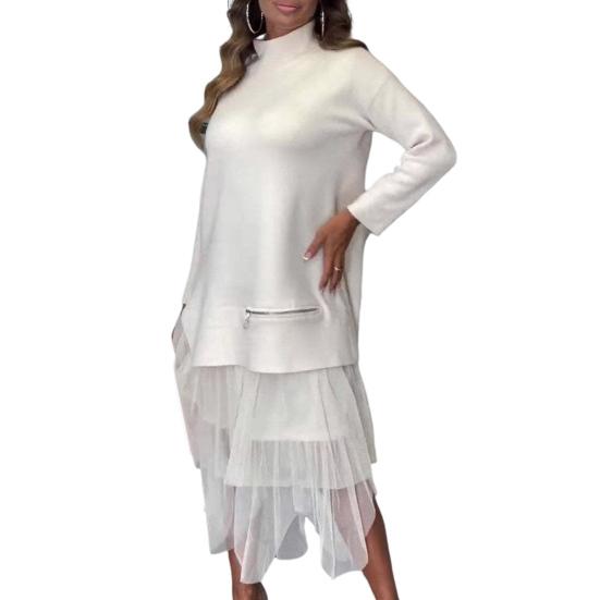 Женское платье осень-зима, имитация двух частей, пэчворк, неровный сетчатый подол, полувысокий воротник, А-силуэт