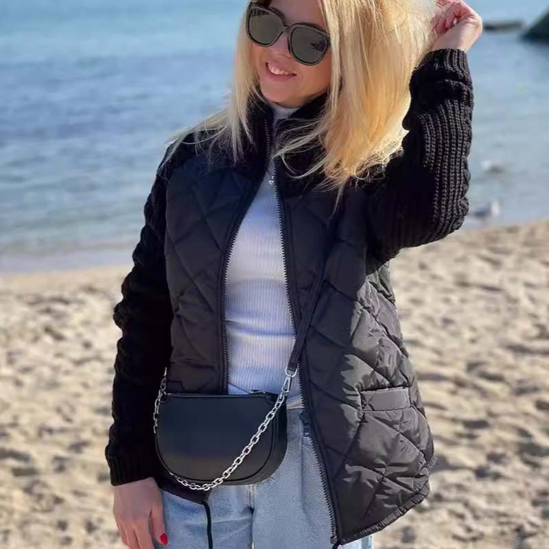 Женская куртка с длинным рукавом и воротником-стойкой на хлопковой подкладке, повседневное тонкое пальто на молнии с вшитыми трикотажными рукавами