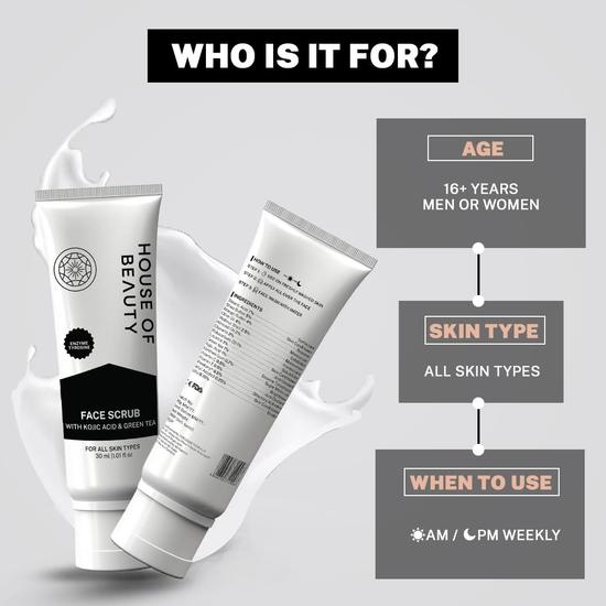 Скраб для лица HOUSE OF BEAUTY с койевой кислотой и экстрактом зеленого чая - удаляет омертвевшие клетки кожи и грязь, сужает открытые поры (30мл)