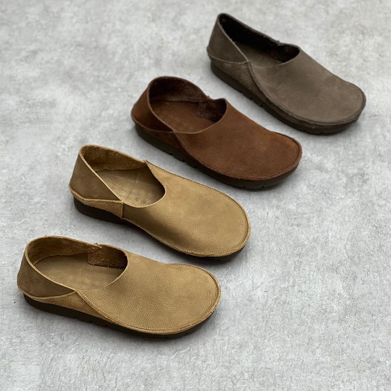 Retro Women Genuine Leather Shallow Flats Shoes Handmade Soft Sole Casual Round Toe Solid Color Loafers