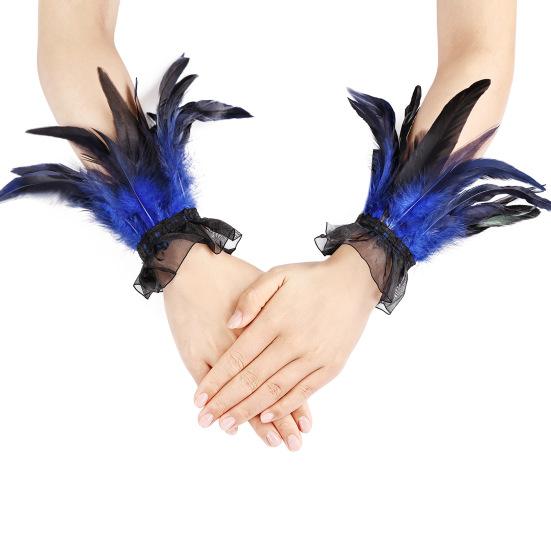 Women's Feather Wrist Cuffs Gothic Feather Fingerless Gloves Wristband Mesh Cuff for Halloween Cosplay Costume Accessories