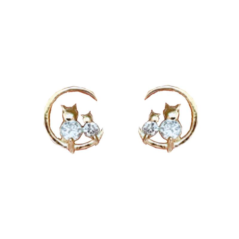 Cat Earrings On The Moon Women's Simple and Small Earrings Sleeping Ear Holes Student Earrings