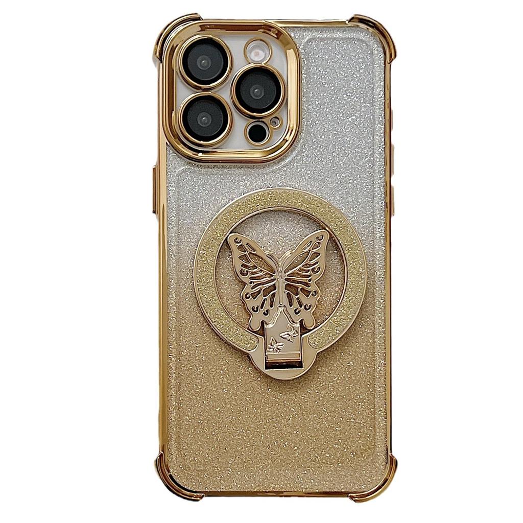 Четырехугольная противоударная подушка безопасности подходит для чехла для телефона IPhone 16PROMAX и чехла-подставки с градиентными блестками и бабочкой для IPhone 15