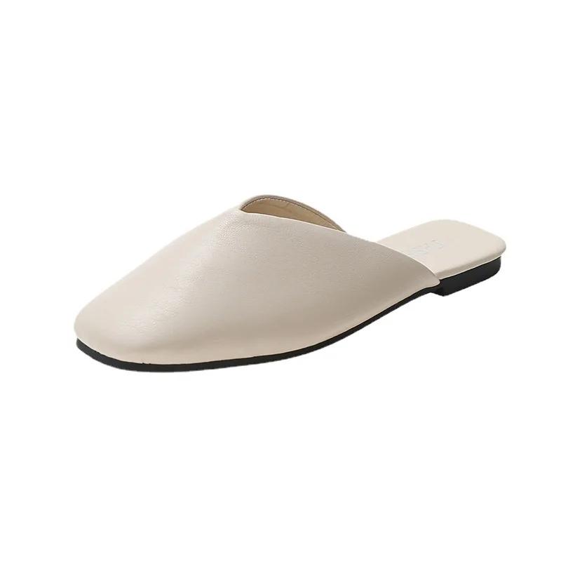 Женские туфли-лодочки больших размеров, лето 2024, элегантные шлепанцы на плоской подошве с квадратным закрытым носком, женская обувь, повседневные кожаные черные, белые шлепанцы, женские шлепанцы